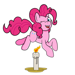 Size: 1500x1500 | Tagged: safe, artist:scraggleman, pinkie pie, earth pony, g4, candle, candlestick, fire, looking at you, one eye closed, pinktober, simple background, smiling, smiling at you, solo, transparent background, wink, winking at you