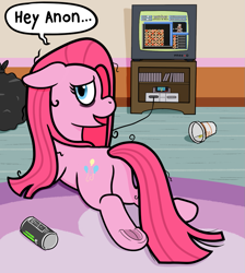 Size: 895x1001 | Tagged: safe, artist:scraggleman, pinkie pie, earth pony, g4, cup noodles, cutie mark, drink, energy drink, frog (hoof), implied anon, lying down, monster energy, neet, pinkamena diane pie, prone, solo, speech bubble, text, trash, underhoof, yoshi's cookie