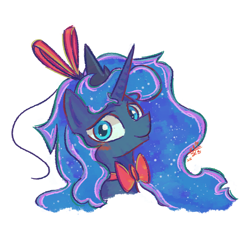 Size: 3200x3200 | Tagged: safe, artist:boxwari, princess luna, alicorn, pony, g4, bowtie, bust, cute, female, high res, looking at you, lunabetes, mare, ribbon, signature, simple background, smiling, smiling at you, solo, white background