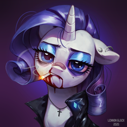 Size: 1024x1024 | Tagged: safe, artist:lennonblack, rarity, pony, unicorn, g4, band-aid, band-aid on nose, blood, bust, cigarette, clothes, cross, cross necklace, ear piercing, earring, female, floppy ears, horn, jacket, jewelry, leather, leather jacket, looking at you, mare, necklace, nosebleed, piercing, signature, smoking, solo