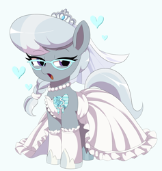 Size: 4267x4509 | Tagged: safe, artist:spoonie, silver spoon, earth pony, pony, g4, bride, clothes, dress, female, filly, foal, full body, glasses, heart, jewelry, light blue background, looking at you, open mouth, simple background, solo, tiara, veil, wedding dress, wedding veil