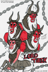 Size: 3144x4676 | Tagged: safe, artist:artistnjc, lord tirek, centaur, taur, g4, antagonist, beard, chains, character name, cloven hooves, colored, evil smile, facial hair, horns, looking at you, lying down, nose piercing, nose ring, piercing, prone, sharp teeth, signature, simple background, smiling, solo, teeth, traditional art