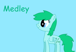 Size: 1219x836 | Tagged: safe, artist:robertwilliams2006, medley, pegasus, pony, g1, g4, blue background, closed mouth, cute, cyan background, female, folded wings, g1 to g4, generation leap, green text, light blue background, mare, medleybetes, simple background, smiling, solo, text, wings