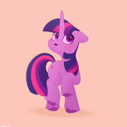 Size: 2480x2480 | Tagged: safe, artist:starburstuwu, twilight sparkle, pony, unicorn, g4, cute, female, floppy ears, high res, looking up, mare, orange background, simple background, solo, sparkles, standing on two hooves, turned head, twiabetes, unicorn twilight, unshorn fetlocks