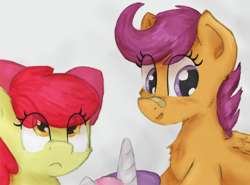 Size: 2500x1846 | Tagged: safe, artist:chevaleto, derpibooru exclusive, apple bloom, scootaloo, sweetie belle, earth pony, pegasus, pony, unicorn, g4, band-aid, band-aid on nose, cutie mark crusaders, eye clipping through hair, female, filly, foal, high res, horn, simple background, sketch, trio, trio female