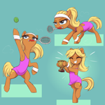 Size: 3000x3000 | Tagged: safe, artist:t72b, ms. harshwhinny, earth pony, pony, g4, armpits, ball, bipedal, clothes, cute, eyes closed, female, grin, happy, headband, hoof hold, mane down, mare, mouth hold, ms. cutewhinny, ponytail, raised hoof, simple background, skirt, smiling, solo, sports, sweatband, tennis, tennis ball, tennis racket, trophy, younger