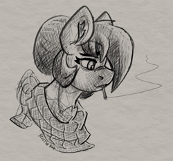 Size: 1815x1689 | Tagged: safe, artist:reddthebat, oc, oc only, oc:number nine, earth pony, pony, bandana, bust, cigarette, eyebrows, eyebrows visible through hair, female, grayscale, lidded eyes, mare, monochrome, profile, smoking, solo