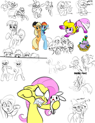 Size: 989x1280 | Tagged: safe, artist:furseiseki, angel bunny, applejack, fluttershy, pinkie pie, rainbow dash, rarity, sweetie belle, trixie, twilight sparkle, oc, earth pony, pegasus, pony, unicorn, g4, angry, female, foaming at the mouth, horn, mane six, mare, ponies riding ponies, riding, riding a pony, sketch, sketch dump