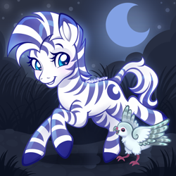 Size: 2400x2400 | Tagged: safe, artist:sparkytopia, bird, zebra, g3, g3.5, blue eyes, commission, commissioner:dragonpone, eyebrows, female, mare, night, signature, smiling, unnamed zebra, white coat