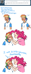 Size: 500x1155 | Tagged: safe, artist:askhumanpinkiedash, pinkie pie, rainbow dash, human, g4, ask, askhumanpinkiedash, blushing, duo, duo female, female, humanized, implied lesbian, simple background, speech bubble, tumblr, white background