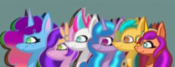 Size: 1578x605 | Tagged: safe, artist:cloud artist, hitch trailblazer, izzy moonbow, misty brightdawn, pipp petals, sunny starscout, zipp storm, earth pony, pegasus, pony, unicorn, g5, female, horn, male, mane five, mane six (g5), mane stripe sunny, mare, rebirth misty, simple background, stallion, teal background