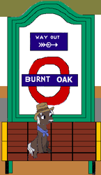 Size: 289x500 | Tagged: safe, artist:ewxep, burnt oak, earth pony, g4, 1000 hours in ms paint, facial hair, male, moustache, namesake, pun, sign, sitting, solo, visual pun