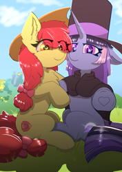 Size: 2894x4093 | Tagged: safe, artist:skylarty, apple bloom, oc, oc:flawless sparklemoon, earth pony, pony, unicorn, g4, applejack's hat, bow, chest fluff, clothes, cowboy hat, cute, duo, ear fluff, eye clipping through hair, female, fusion, fusion:trixie, fusion:twilight sparkle, fusion:twixie, grass, grass field, hair bow, hat, heart, heart eyes, hoof heart, horn, hug, human shoulders, mare, ocbetes, older, older apple bloom, outdoors, pointing at you, sitting, sky, starry eyes, underhoof, wingding eyes