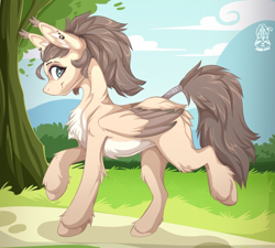 Size: 1852x1668 | Tagged: safe, artist:shero-chan, oc, oc only, oc:dima, pegasus, pony, chest fluff, ear fluff, outdoors, solo, tree, wings