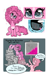 Size: 800x1280 | Tagged: safe, artist:albusfoxtrot, pinkie pie, earth pony, pony, anthro, g4, comic, commission, eye reflection, female, mare, multeity, presentation, reflection, restrained, sitting, speech bubble, transformation, twinning, ych sketch, your character here