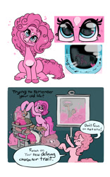 Size: 800x1280 | Tagged: safe, artist:albusfoxtrot, pinkie pie, earth pony, human, pony, g4, comic, commission, eye reflection, female, mare, multeity, presentation, reflection, restrained, sitting, speech bubble, transformation, twinning, ych result