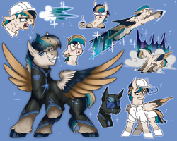 Size: 3000x2400 | Tagged: safe, artist:molars, oc, oc only, oc:nacreous sparkledust, pegasus, pony, aurora borealis, blood, colored wings, commission, cutie mark, doodle, emotes, faic, flight trail, flying, full body, heart, heart eyes, helmet, looking at you, multicolored hair, multicolored wings, nosebleed, pixelated, raised leg, reference sheet, smiling, smug, solo, sparkles, spread wings, unimpressed, unshorn fetlocks, weather factory uniform, weather pony, wet, wingding eyes, wings