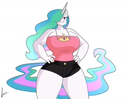 Size: 2203x1756 | Tagged: safe, artist:samirachuni, princess celestia, anthro, g4, big breasts, breasts, cleavage, clothes, crown, female, hair over one eye, hand on hip, horn, jewelry, looking at you, regalia, short shirt, shorts, simple background, smiling, solo, thighs, white background