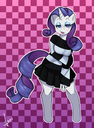 Size: 1919x2620 | Tagged: safe, artist:samirachuni, rarity, unicorn, anthro, unguligrade anthro, g4, :p, blouse, checkered background, clothes, eyebrows, female, gradient background, high res, horn, lidded eyes, raised eyebrow, skirt, solo, tongue out