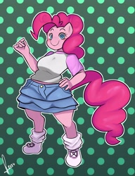 Size: 2343x3055 | Tagged: safe, artist:samirachuni, pinkie pie, earth pony, anthro, g4, abstract background, clothes, denim, denim skirt, female, gradient background, high res, looking at you, outline, patterned background, shoes, skirt, smiling, solo