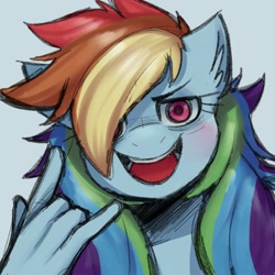 Size: 2000x2000 | Tagged: safe, artist:samirachuni, part of a set, rainbow dash, anthro, g4, bust, female, hair over one eye, high res, looking at you, open mouth, open smile, peace sign, portrait, simple background, smiling, solo