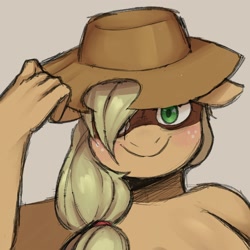 Size: 2000x2000 | Tagged: safe, artist:samirachuni, part of a set, applejack, anthro, g4, applejack's hat, bust, cowboy hat, female, hair over one eye, hat, hat tip, high res, looking at you, portrait, simple background, smiling, solo