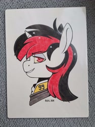 Size: 3072x4096 | Tagged: safe, artist:lrusu, oc, oc only, oc:blackjack, pony, unicorn, fallout equestria, fallout equestria: project horizons, bust, eyebrows, eyebrows visible through hair, female, horn, mare, portrait, simple background, solo, traditional art, white background