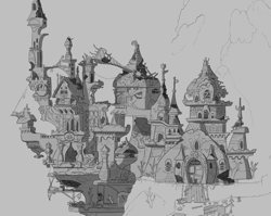 Size: 1526x1215 | Tagged: safe, artist:dddromm, fallout equestria, black and white, canterlot, grayscale, monochrome, no pony, ruins, scenery