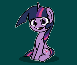 Size: 2047x1726 | Tagged: safe, artist:ewoudcponies, twilight sparkle, pony, unicorn, g4, green background, looking at you, open mouth, open smile, outline, sharp teeth, simple background, smiling, smiling at you, solo, teeth, unicorn twilight, white outline