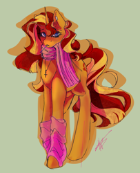 Size: 1408x1731 | Tagged: safe, artist:hjartpieces, sunset shimmer, pony, unicorn, g4, clothes, cross, cross necklace, female, horn, jewelry, leg warmers, looking at you, mare, necklace, scarf, solo