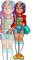 Size: 1240x1754 | Tagged: safe, artist:jully-park, sunny starscout, human, equestria girls, g4, g5, bag, braid, clothes, female, handbag, jacket, mane stripe sunny, shorts, simple background, socks, solo, white background, zoom layer