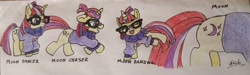 Size: 4064x1213 | Tagged: safe, artist:nicolai, moondancer, pony, unicorn, g4, clothes, dancing, flank, glasses, hair up, horn, meme, running, sheet, sweater, text, traditional art