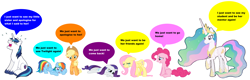 Size: 4912x1568 | Tagged: safe, applejack, fluttershy, pinkie pie, princess celestia, rainbow dash, rarity, shining armor, alicorn, earth pony, pegasus, unicorn, a canterlot wedding, g4, my little pony: friendship is magic, crying, female, homesick, horn, male, regret, sad, speech bubble