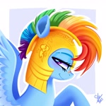 Size: 2048x2048 | Tagged: safe, artist:galaxy swirl, rainbow dash, pegasus, pony, g4, armor, band-aid, band-aid on nose, blushing, bust, female, helmet, high res, lidded eyes, looking at you, mare, outline, passepartout, profile, raised hoof, signature, smiling, smiling at you, solo, wings