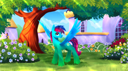 Size: 3000x1676 | Tagged: safe, artist:darksly, oc, oc only, pegasus, pony, canterlot, crepuscular rays, flower, outdoors, pegasus oc, smiling, solo, spread wings, tree, wings