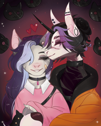 Size: 4000x5000 | Tagged: safe, artist:vinum, oc, oc only, pony, unicorn, absurd resolution, bust, clothes, collar, duo, eyes closed, grin, heart, horn, nuzzling, scar, smiling