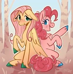 Size: 2203x2222 | Tagged: safe, artist:candygold, fluttershy, pinkie pie, earth pony, pegasus, pony, g4, back to back, chubby, colored hooves, duo, female, floppy ears, forest, high res, hoof fluff, hooves, mare, nature, open mouth, open smile, outdoors, physique difference, sitting, smiling, thin, tree, unshorn fetlocks, wings