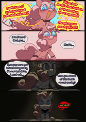 Size: 1448x2048 | Tagged: safe, artist:piesinful, pinkie pie, earth pony, pony, comic:unlucky day, fanfic:cupcakes, g4, chains, comic, cute, dialogue, female, glass, implied death, interrogation, mare, offscreen character, open mouth, shackles, smiling, solo, sparkles, sparkly eyes, speech bubble, wingding eyes