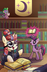 Size: 527x800 | Tagged: safe, artist:marybellamy, idw, moondancer, spike, twilight sparkle, alicorn, pegasus, pony, unicorn, g4, book, bookshelf, comics, cover, horn, indoors, levitation, library, magic, reading, telekinesis, twilight sparkle (alicorn), winged spike, wings