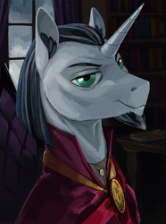 Size: 1872x2520 | Tagged: safe, artist:kelkessel, chancellor neighsay, unicorn, eaw redux, equestria at war mod, g4, bookshelf, bust, chair, evil smile, horn, indoors, mage, male, mantle, portrait, smiling, solo, stallion, table