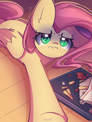 Size: 1588x2100 | Tagged: safe, artist:miryelis, fluttershy, pegasus, pony, g4, apu spills his tendies, crying, floor, food, long hair, looking at you, lying down, meme, solo