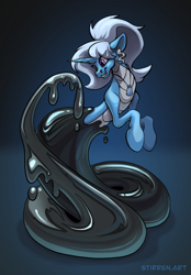 Size: 1640x2360 | Tagged: safe, artist:stirren, oc, oc only, oc:triksa, goo, lamia, original species, pony, snake, snake pony, unicorn, bondage, encasement, horn, living latex, long tail, tail