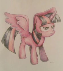 Size: 847x960 | Tagged: safe, artist:edgymushroom, twilight sparkle, alicorn, pony, g4, frown, simple background, solo, spread wings, traditional art, twilight sparkle (alicorn), white background, wings