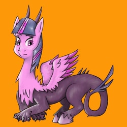 Size: 960x960 | Tagged: safe, artist:edgymushroom, twilight sparkle, draconequus, colored wings, draconequified, orange background, simple background, solo, species swap, twikonequus, two toned wings, wings