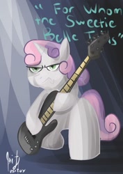 Size: 679x960 | Tagged: safe, artist:edgymushroom, sweetie belle, pony, unicorn, for whom the sweetie belle toils, g4, my little pony: friendship is magic, angry face, bipedal, dexterous hooves, electric guitar, guitar, horn, musical instrument, solo