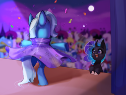 Size: 2048x1536 | Tagged: artist needed, safe, trixie, oc, oc:caraspace, oc:comet shine, pony, unicorn, g4, cape, clothes, confetti, disguise, disguised changeling, duo, female, horn, magic show, mare, night, stage, trixie's cape