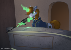 Size: 4093x2894 | Tagged: safe, artist:jjsh, oc, oc only, oc:littlepip, pony, unicorn, fallout equestria, aiming, clothes, ear fluff, female, gun, high res, horn, looking at someone, magic, magic aura, mare, rifle, sniper rifle, solo, weapon