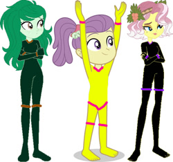 Size: 1093x1024 | Tagged: safe, artist:luckreza8, artist:selenaede, editor:jbrony, editor:pascalmulokozi2, lily pad (g4), vignette valencia, wallflower blush, human, equestria girls, g4, bells, black, bodysuit, clothes, cyberspace, digitized, female, glowing body, green, headband, high quality, low quality, pink, purple, simple background, smiling, smirk, yellow