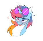 Size: 2252x2128 | Tagged: safe, artist:welost, oc, oc only, oc:sunset skies, unicorn, :p, bedroom eyes, bust, countershading, goggles, heart, heart eyes, horn, simple background, tongue out, white background, wingding eyes