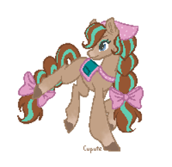 Size: 1200x1164 | Tagged: safe, artist:cupute, pony, artwork, bandana, bow, braid, brown coat, brown mane, clothed ponies, clothes, cocoa (wild manes), colored hooves, digital art, ear fluff, ears up, eyelashes, eyeshadow, female, gradient legs, gradient muzzle, hair bow, hooves, makeup, multicolored hair, multicolored mane, multicolored tail, pixel art, simple background, solo, tail, transparent background, trotting, wild manes